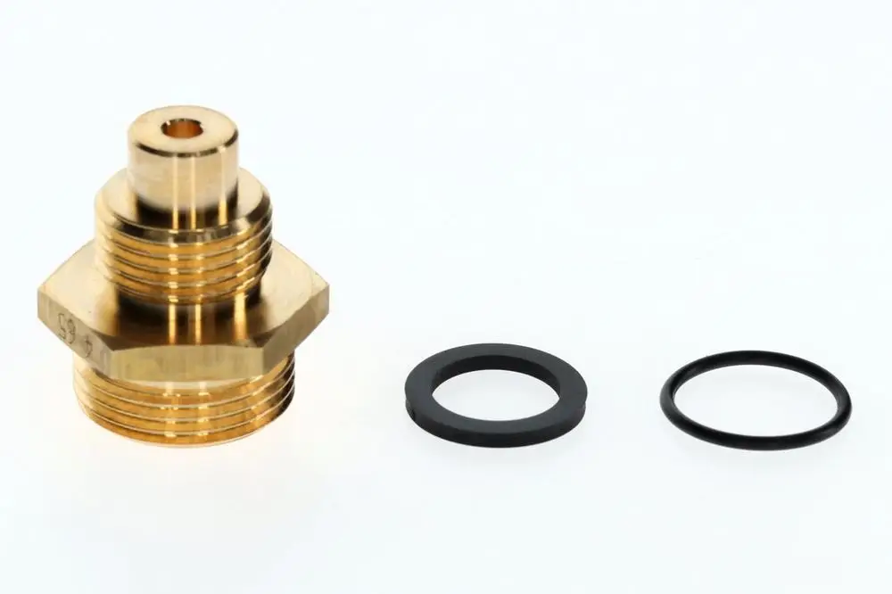 Bosch Gasdüse aus Messing mit O-Ringen, ein hexagonaler Anschluss und eine zentrale Bohrung. Das Zubehörteil ist für den Einsatz in Gasgeräten geeignet.